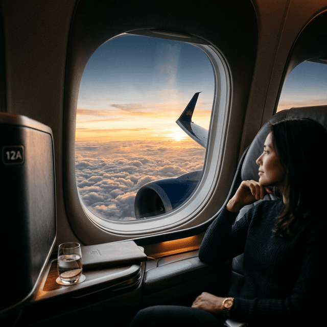 תצפית מחלון מטוס נוסעים מעל העננים בזריחה