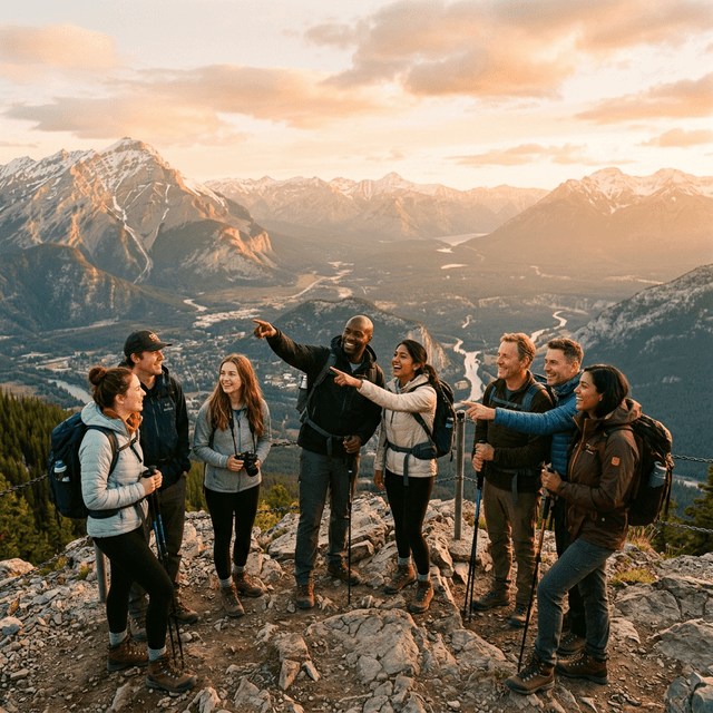 קבוצת מטיילים שמחים בטבע הררי בשקיעה