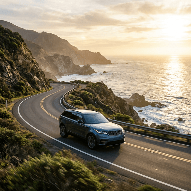 רכב שטח יוקרתי בנסיעה על כביש חוף הררי ברקע שקיעה